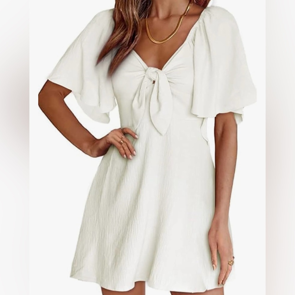 Dokotoo Deep V Neck Elegant Bow tie Mini Dress - Off-White/Cream Medium